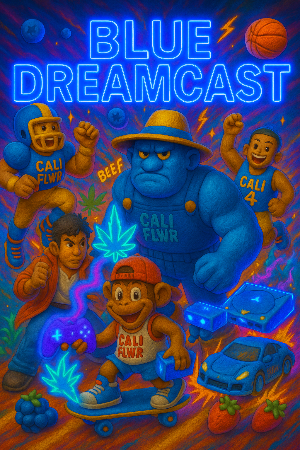 Blue Dreamcast THCA flower by CALI FLWR — claymation hero art with assorted gamer characters, console, car and motion.