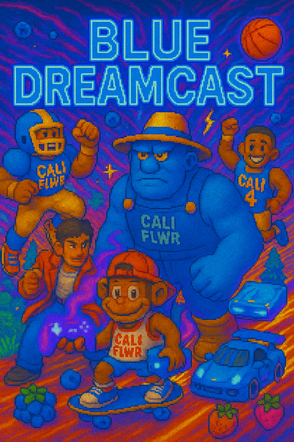 Blue Dreamcast THCA flower by CALI FLWR — retro pixelated hero art with assorted gamer characters, console, car and motion.
