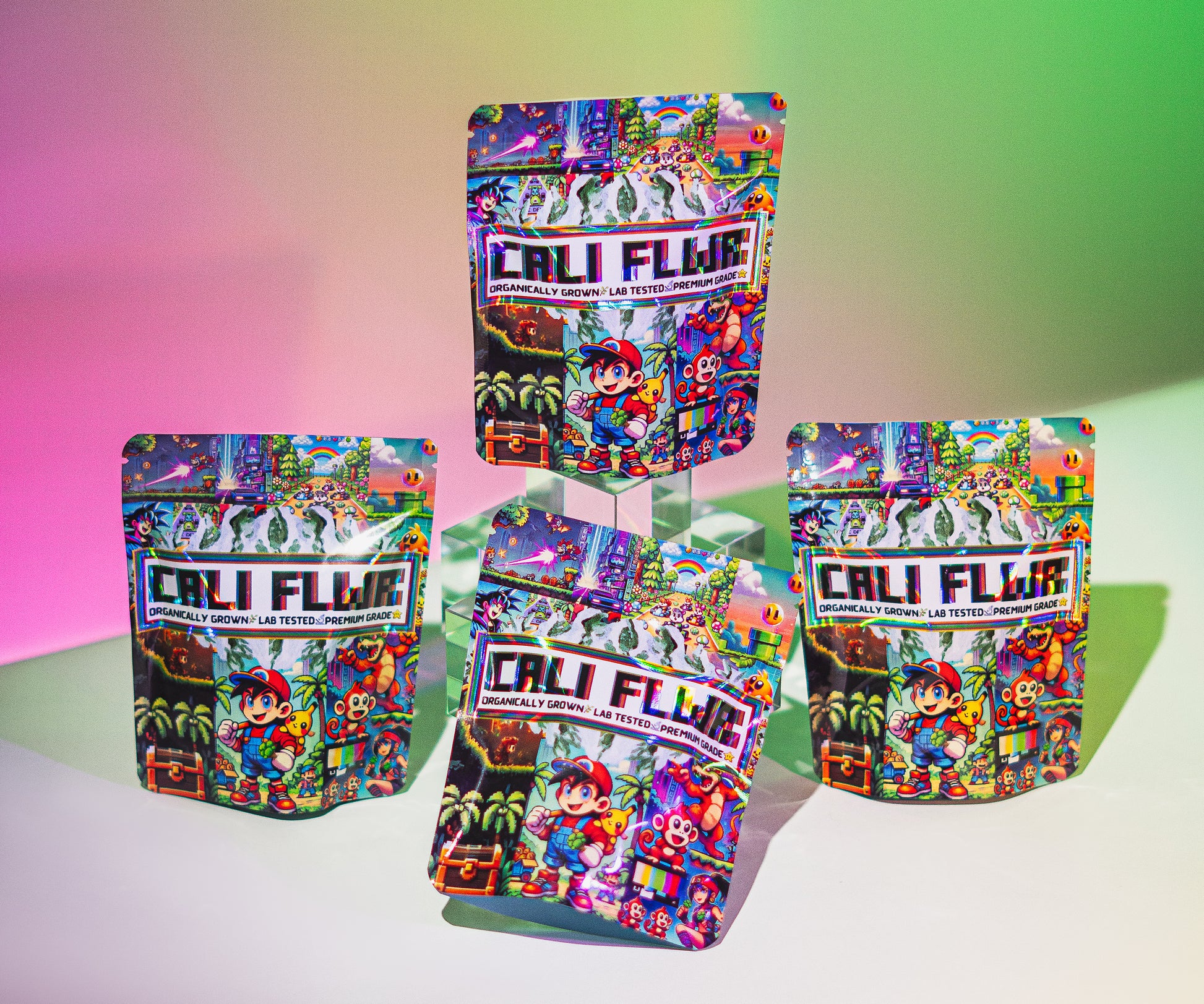 THCA flower packaging by CALI FLWR — premium cannabis design.