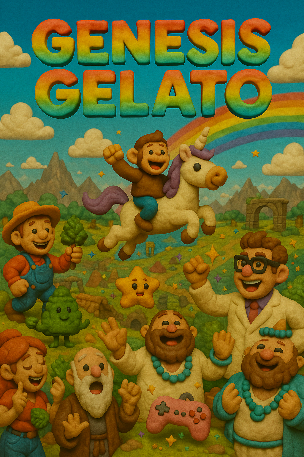 Genesis Gelato THCA flower by CALI FLWR — claymation hero art with monkey on unicorn, rainbow, farmer, scientist, and characters celebrating.