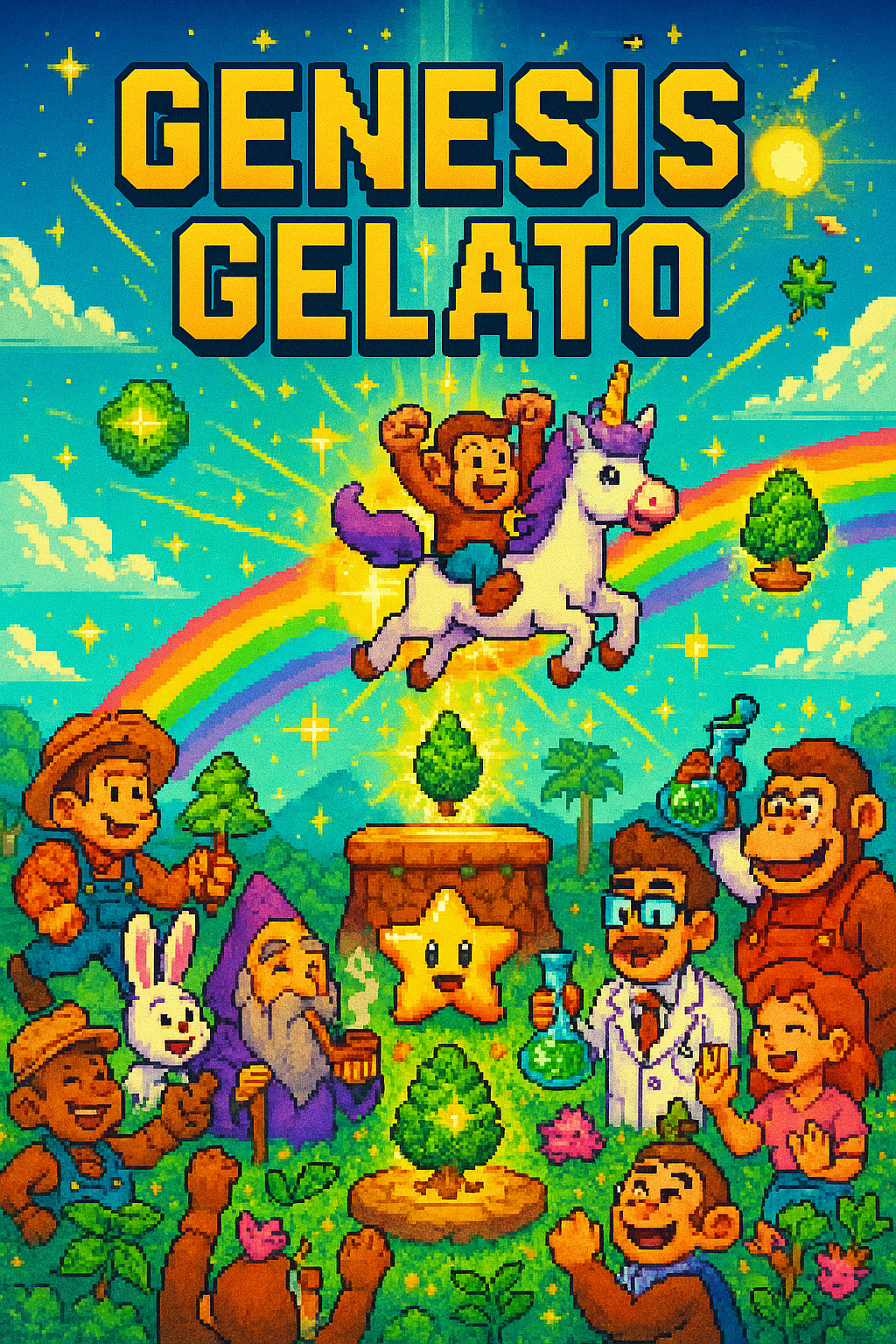 Genesis Gelato THCA flower by CALI FLWR — retro pixelated hero art with monkey on unicorn, rainbow, farmer, scientist, and characters celebrating.
