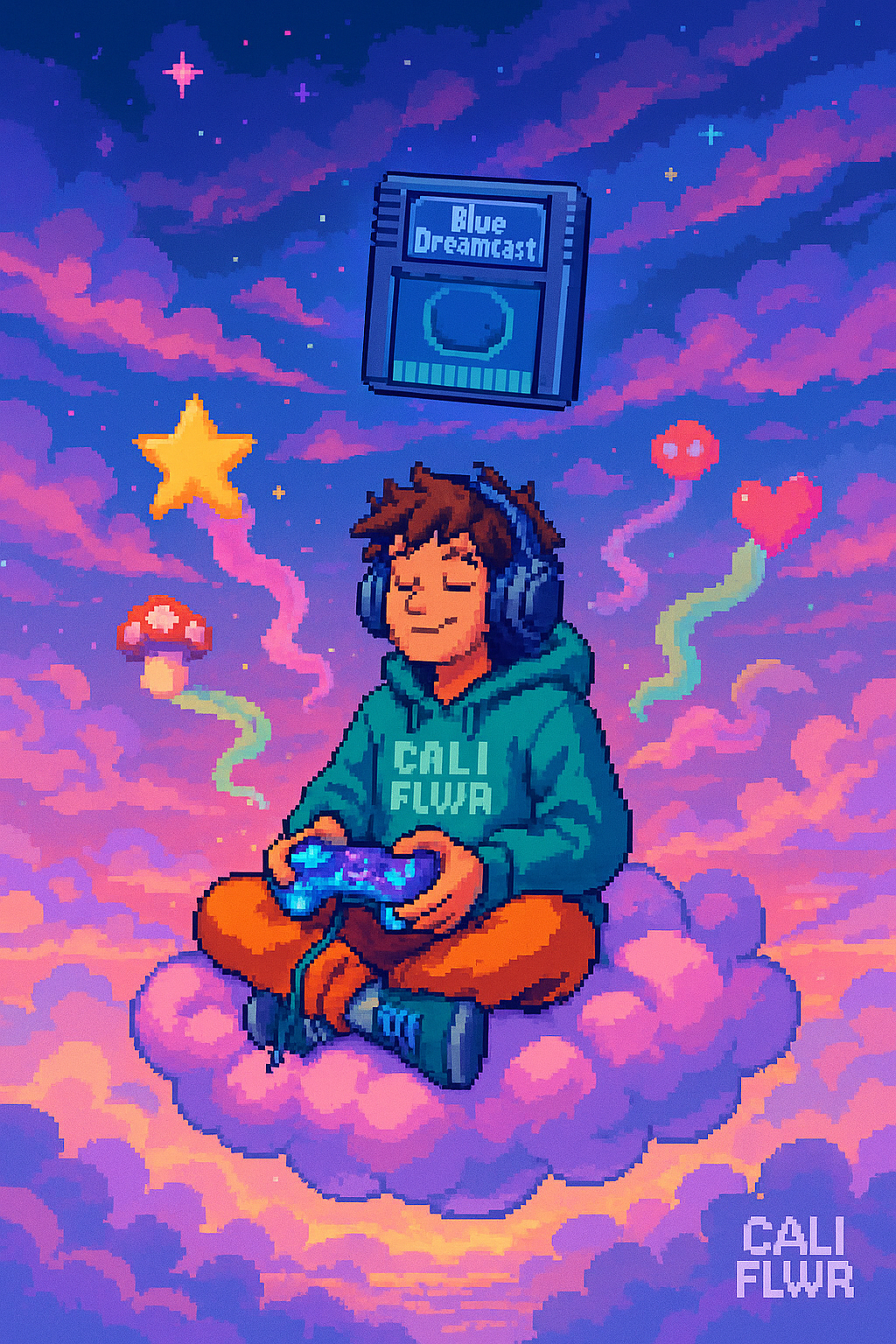 Blue Dream THCA flower by CALI FLWR — pixel hero art with a gamer sitting on a cloud in a sunset sky with emojis